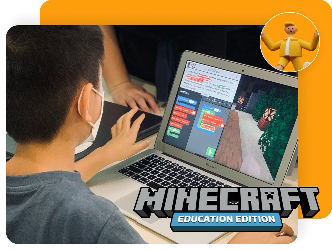 A student using the Code Builder in Minecraft Education on a laptop