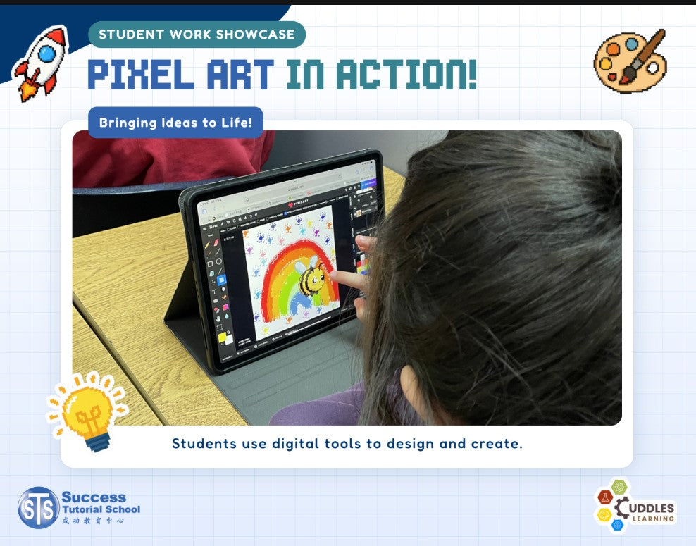 Pixel Art in Action: a student creating colourful artwork on a tablet