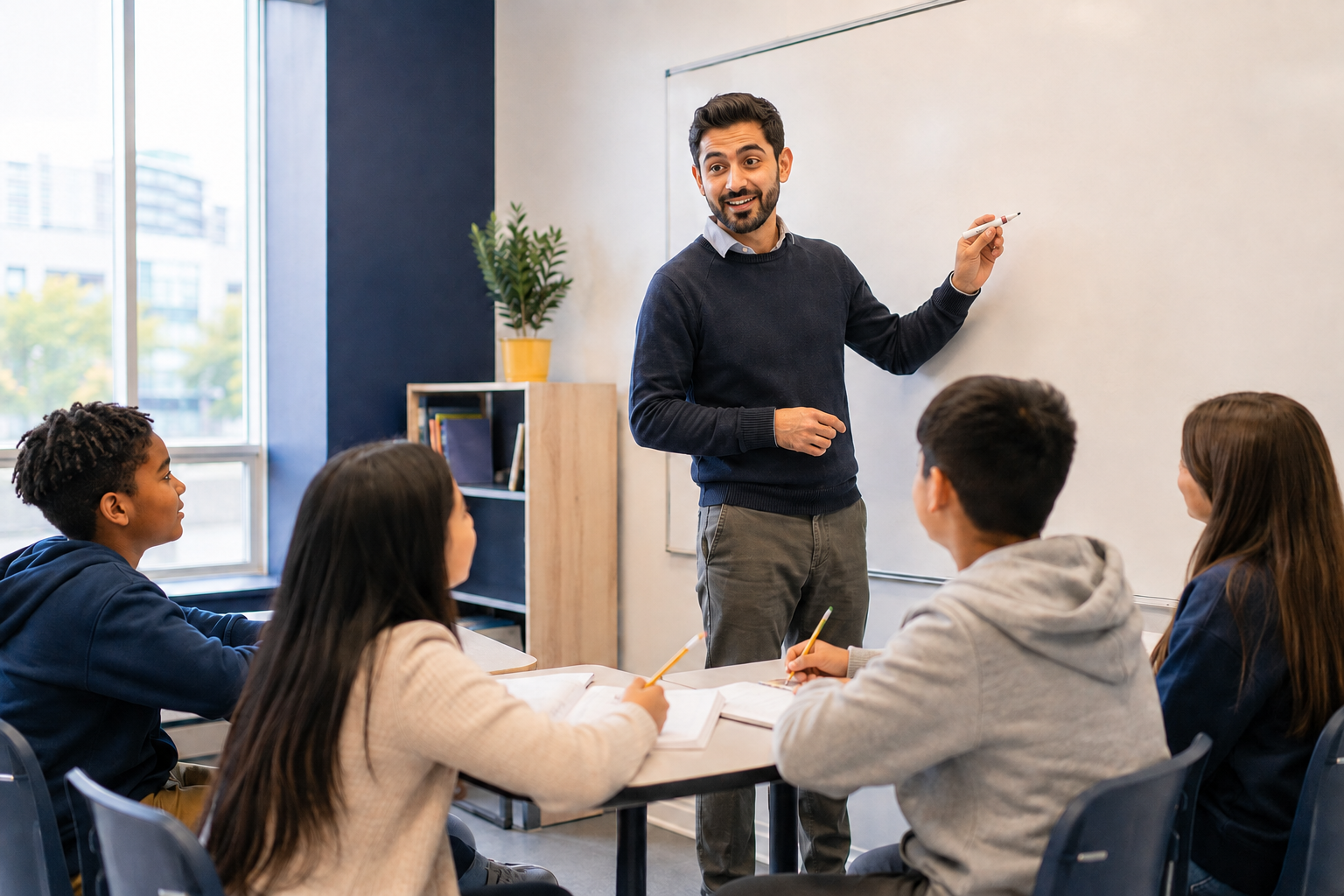 An STS teacher actively teaching students at a whiteboard