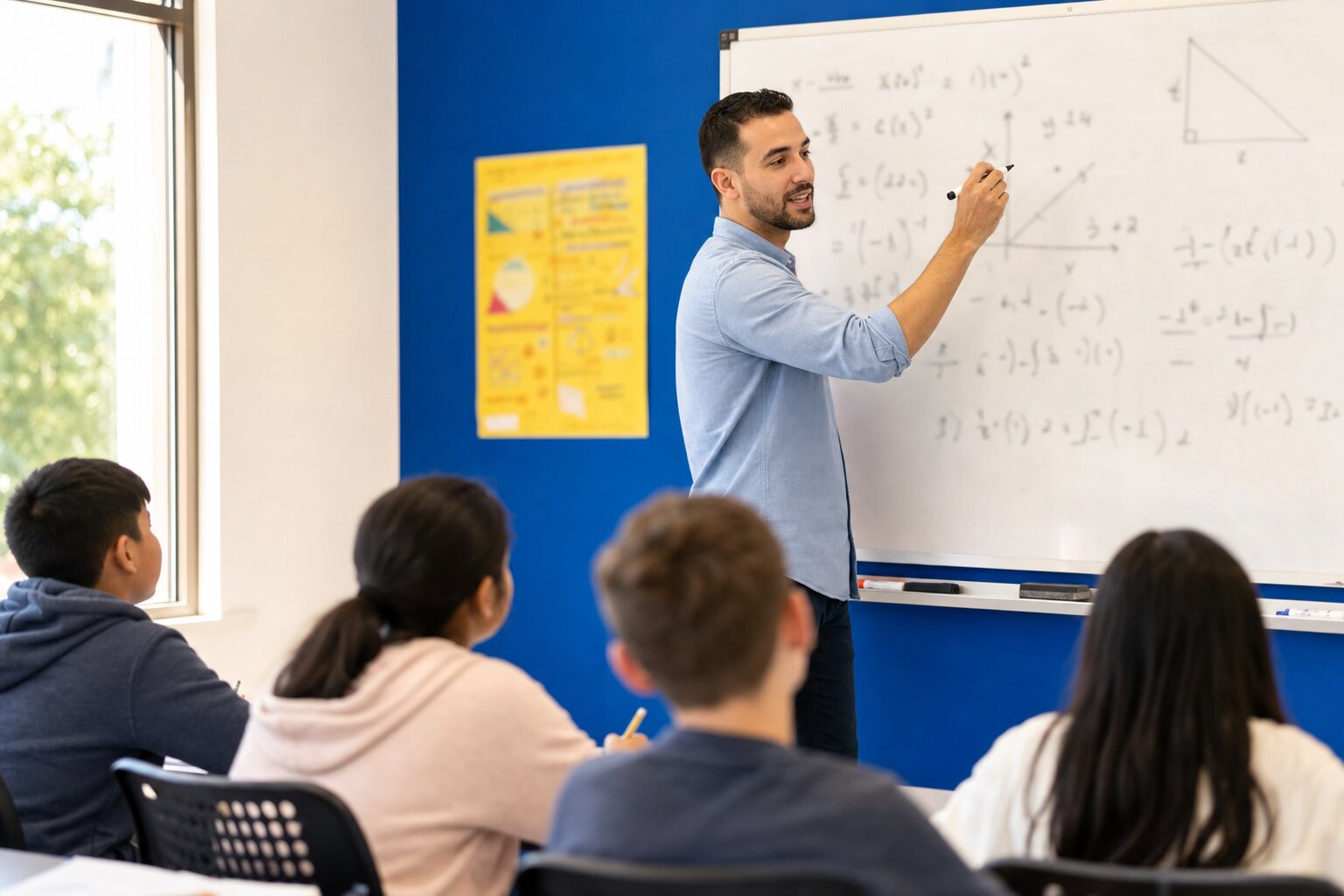 An STS teacher teaching at the board during a class